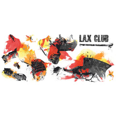Introducing the Mens Lacrosse Champion Giant Wall Decals by WallPops—a peel and stick wall decal featuring a lacrosse player in dynamic action, rendered in orange, yellow, and gray hues with a helmet and stick. The bold LAX CLUB text appears beside the athlete, infusing your space with sporty energy. Effortlessly update your decor while complementing rustic elements like distressed barn wood textures. Styled here with a gray chair accented by red pillows for a coordinated look.