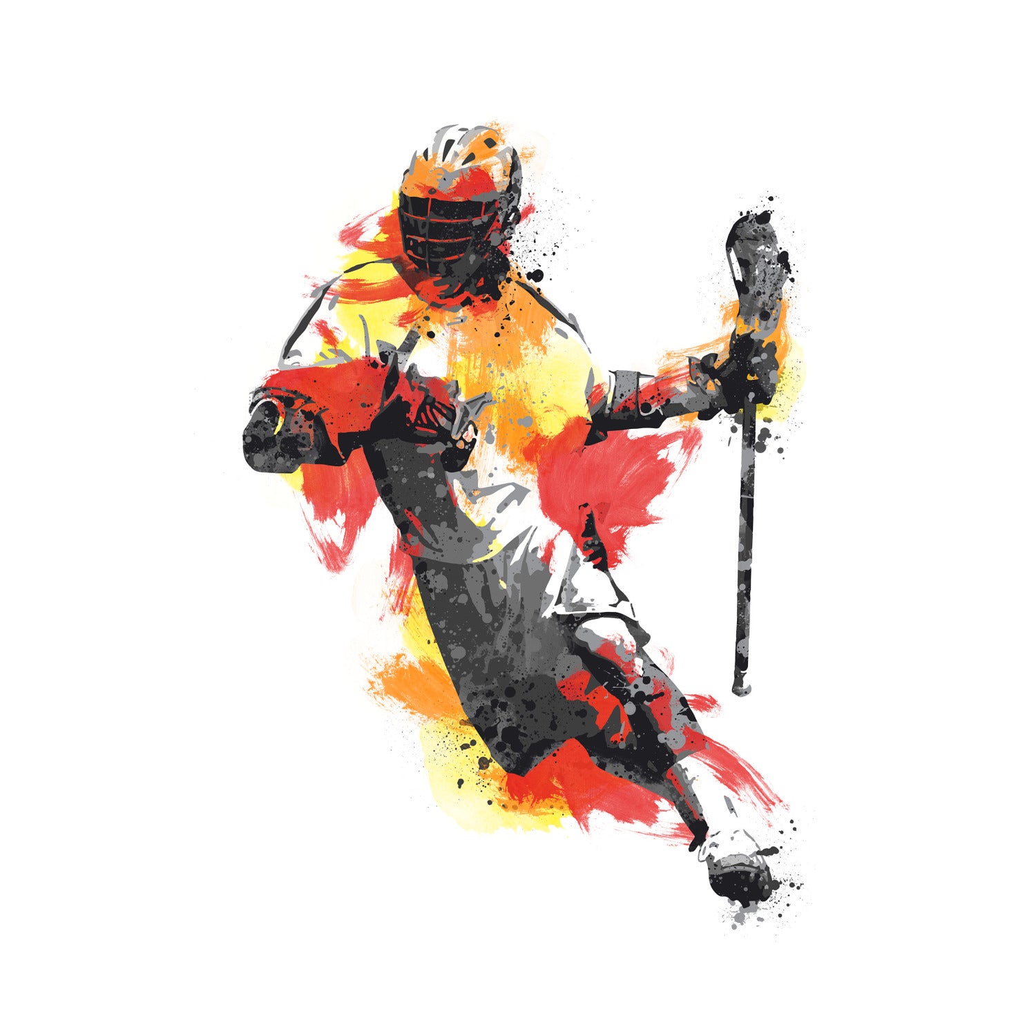 Introducing the Mens Lacrosse Champion Giant Wall Decals by WallPops—a peel and stick wall decal featuring a lacrosse player in dynamic action, rendered in orange, yellow, and gray hues with a helmet and stick. The bold LAX CLUB text appears beside the athlete, infusing your space with sporty energy. Effortlessly update your decor while complementing rustic elements like distressed barn wood textures. Styled here with a gray chair accented by red pillows for a coordinated look.