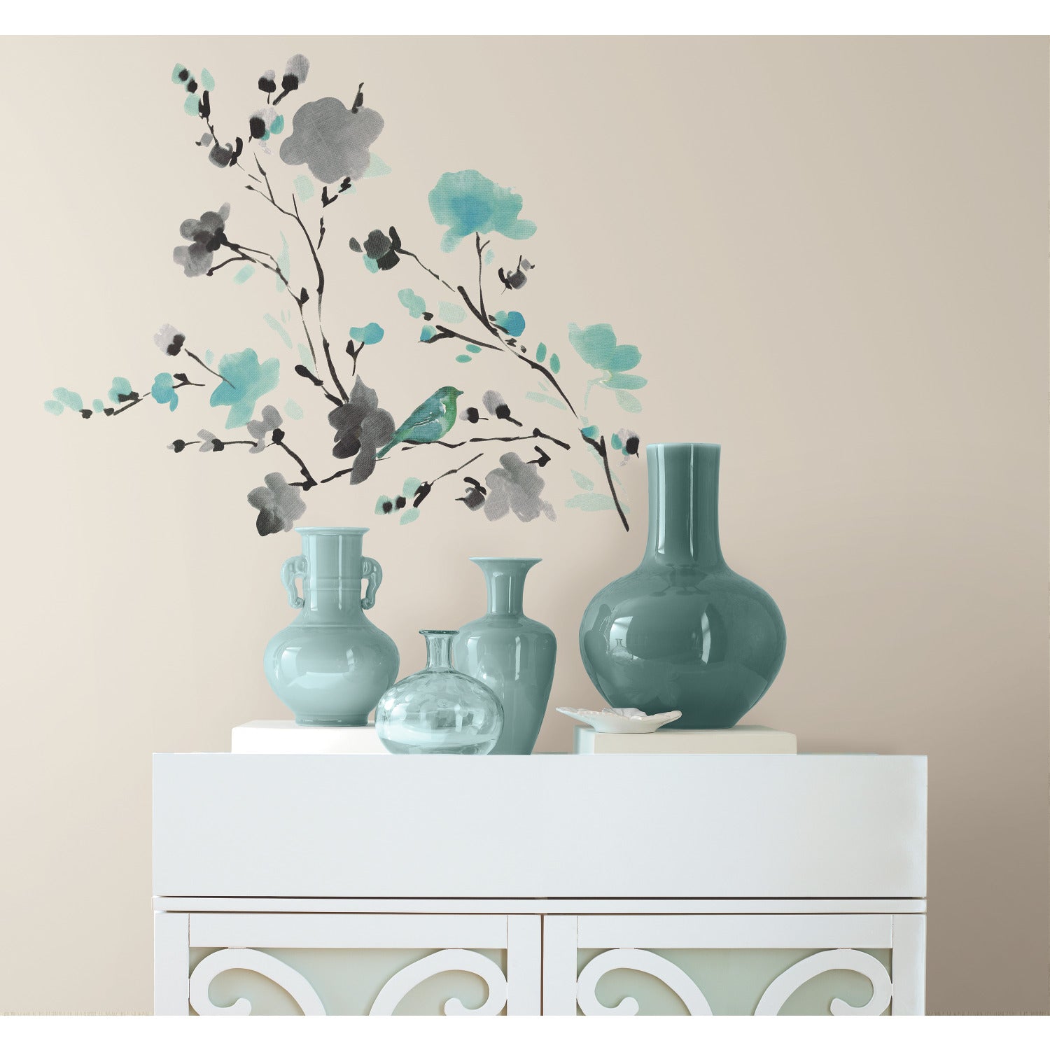 Blossom Watercolor Bird Branch Wall Decals in a room setting