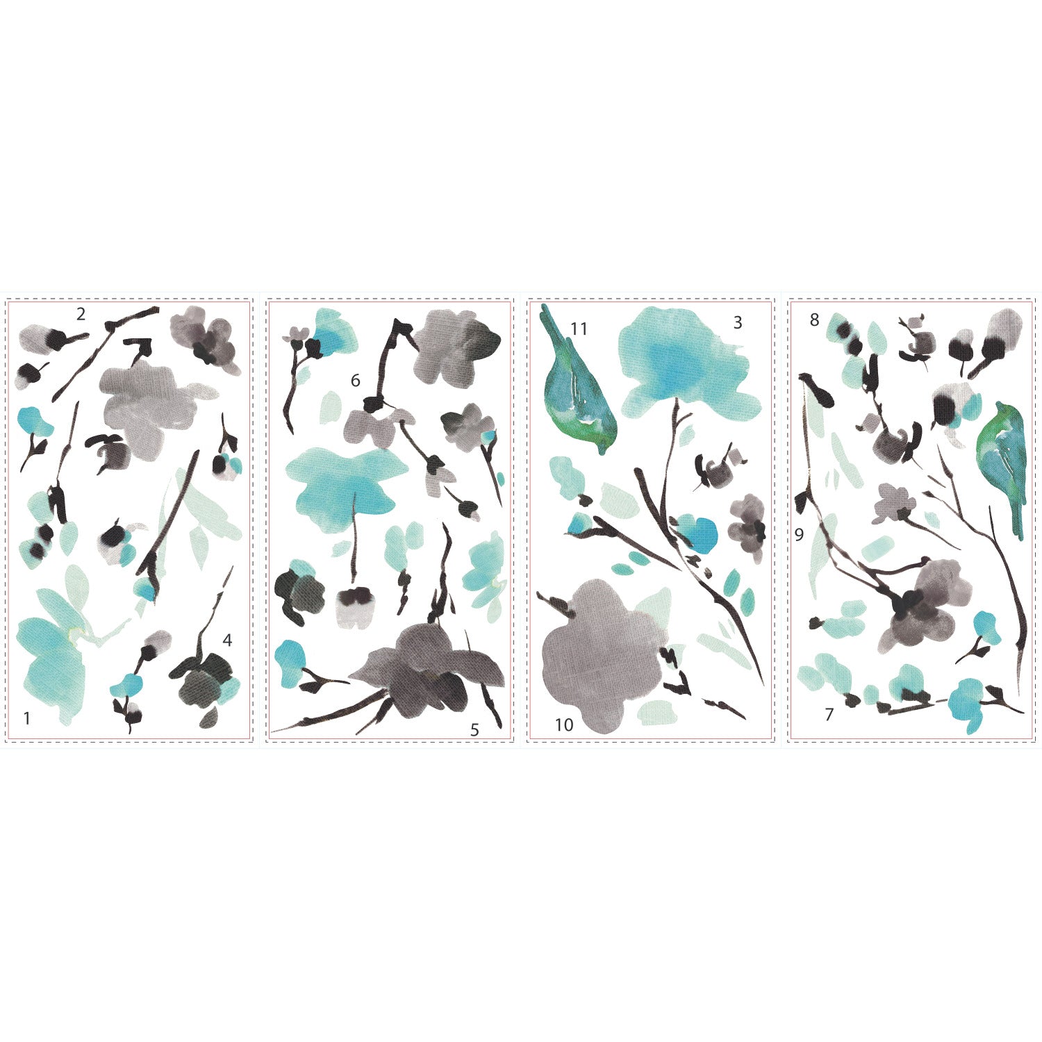 Blossom Watercolor Bird Branch Wall Decals - panels