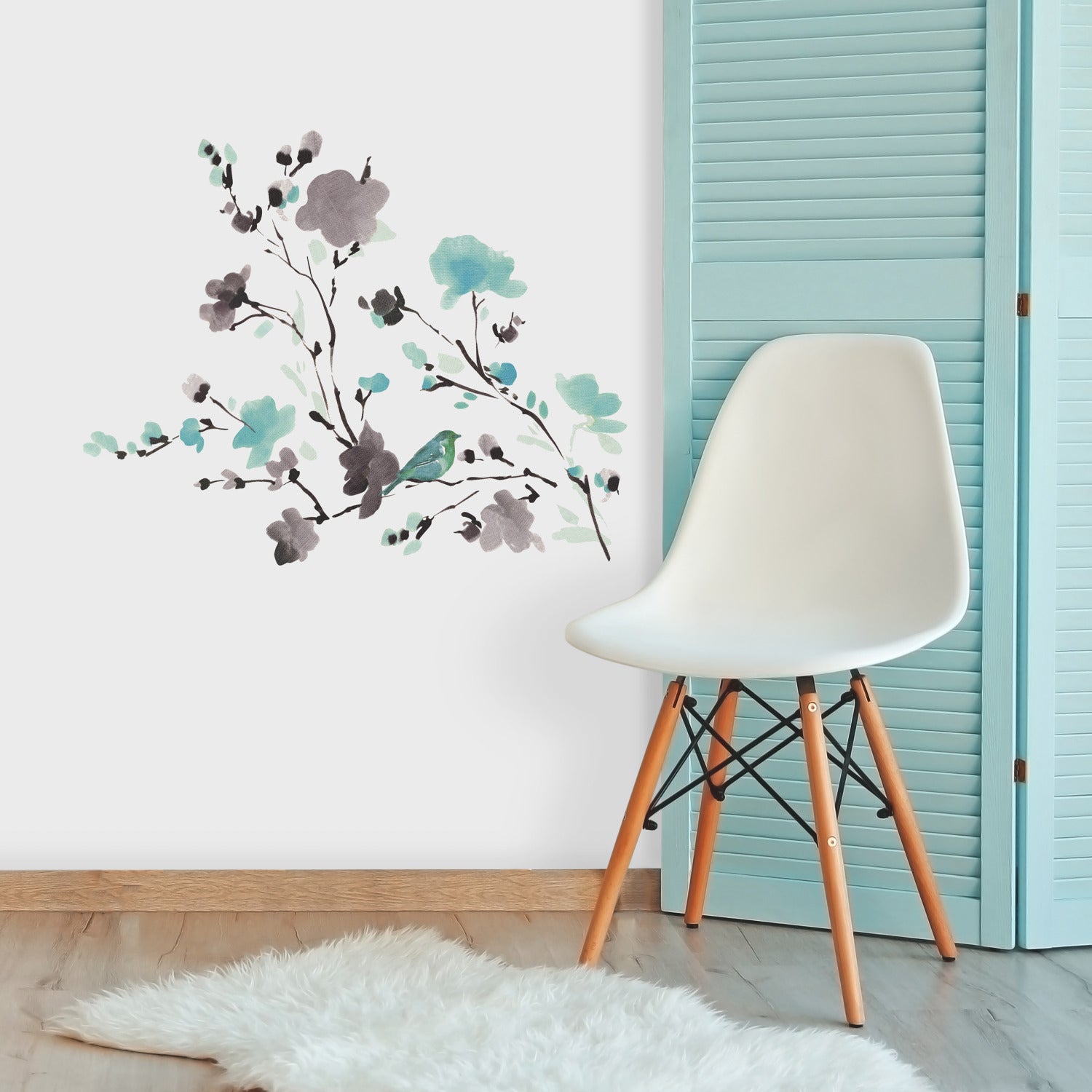 Blossom Watercolor Bird Branch Wall Decals in a room setting