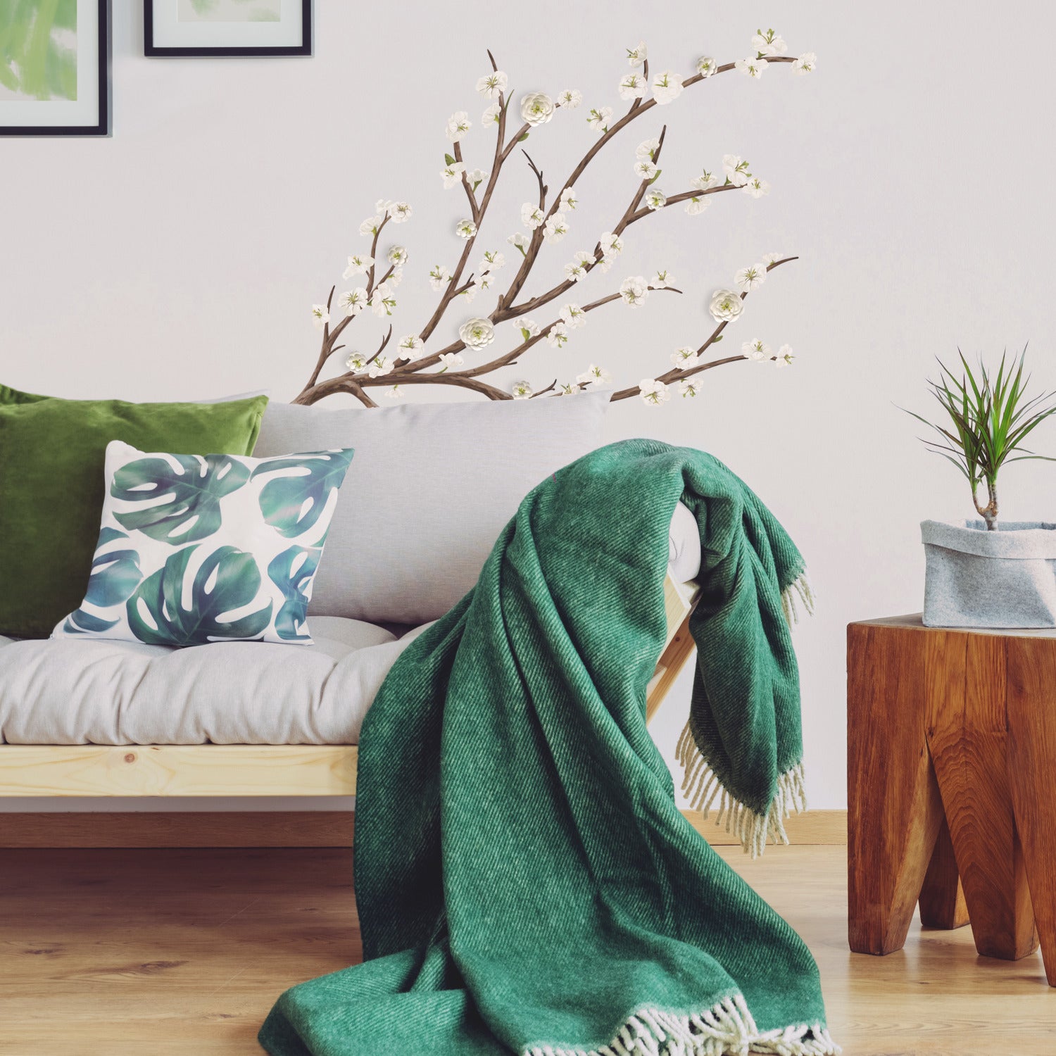 White Blossom Branch Giant with Flower Wall Decals in a room setting