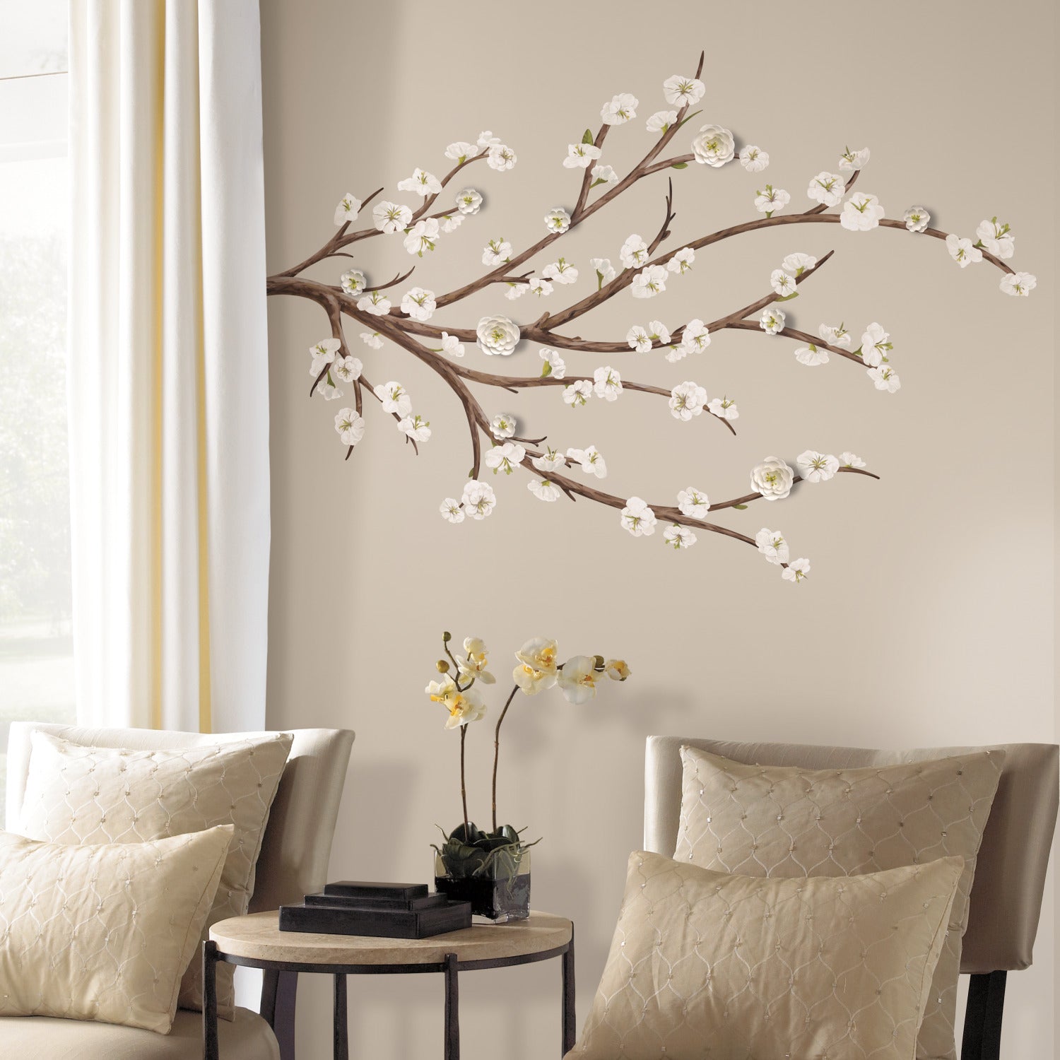 White Blossom Branch Giant with Flower Wall Decals in a room setting