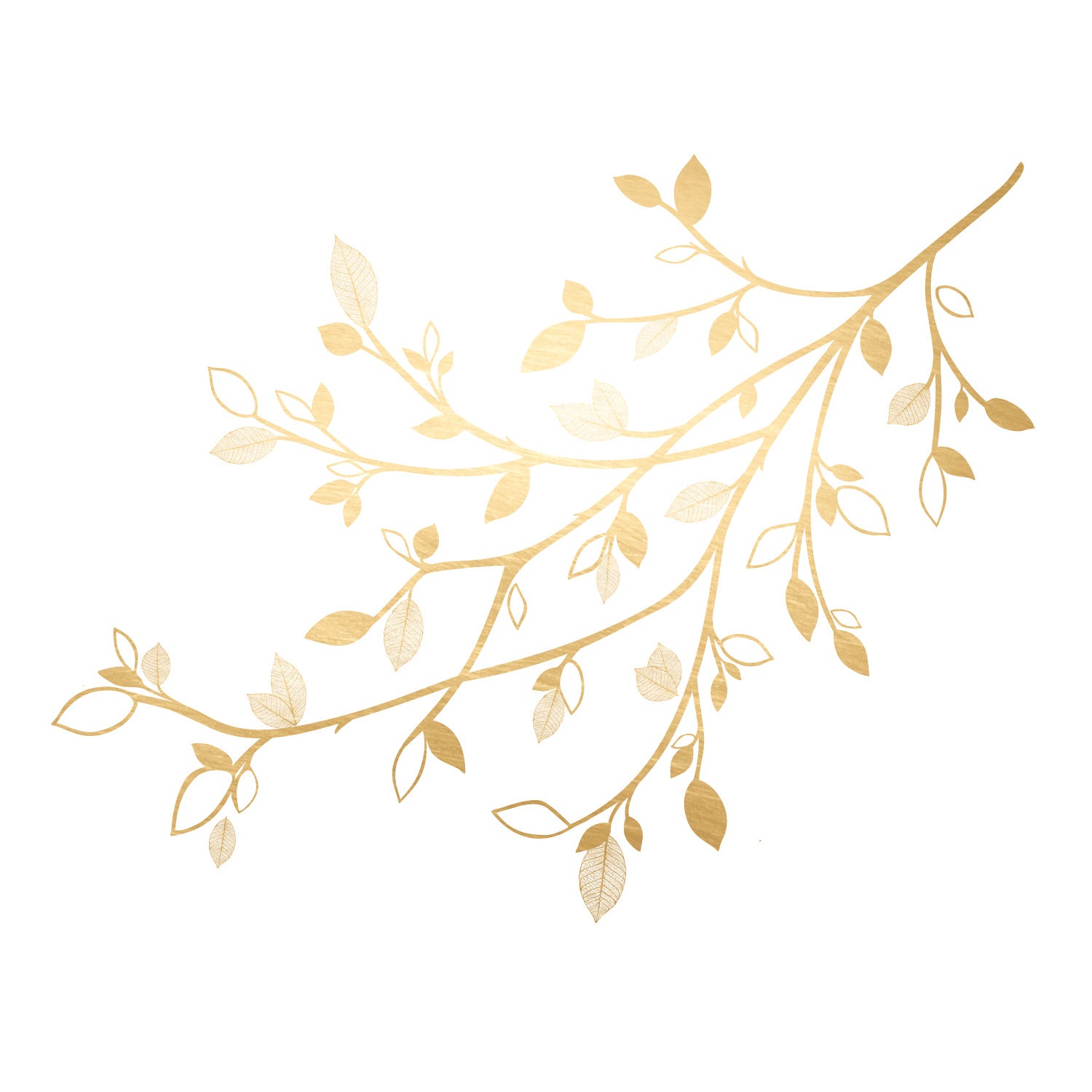 The WallPops Gold Branch Peel and Stick Giant Wall Decals with 3D Leaves feature a delicate gold branch with multiple slender stems and assorted leaf sizes, some showcasing detailed vein patterns for added texture and elegance. Displayed on a white background, this simple botanical design is ideal for enhancing rustic interiors or pairing beautifully with distressed barn wood accents.