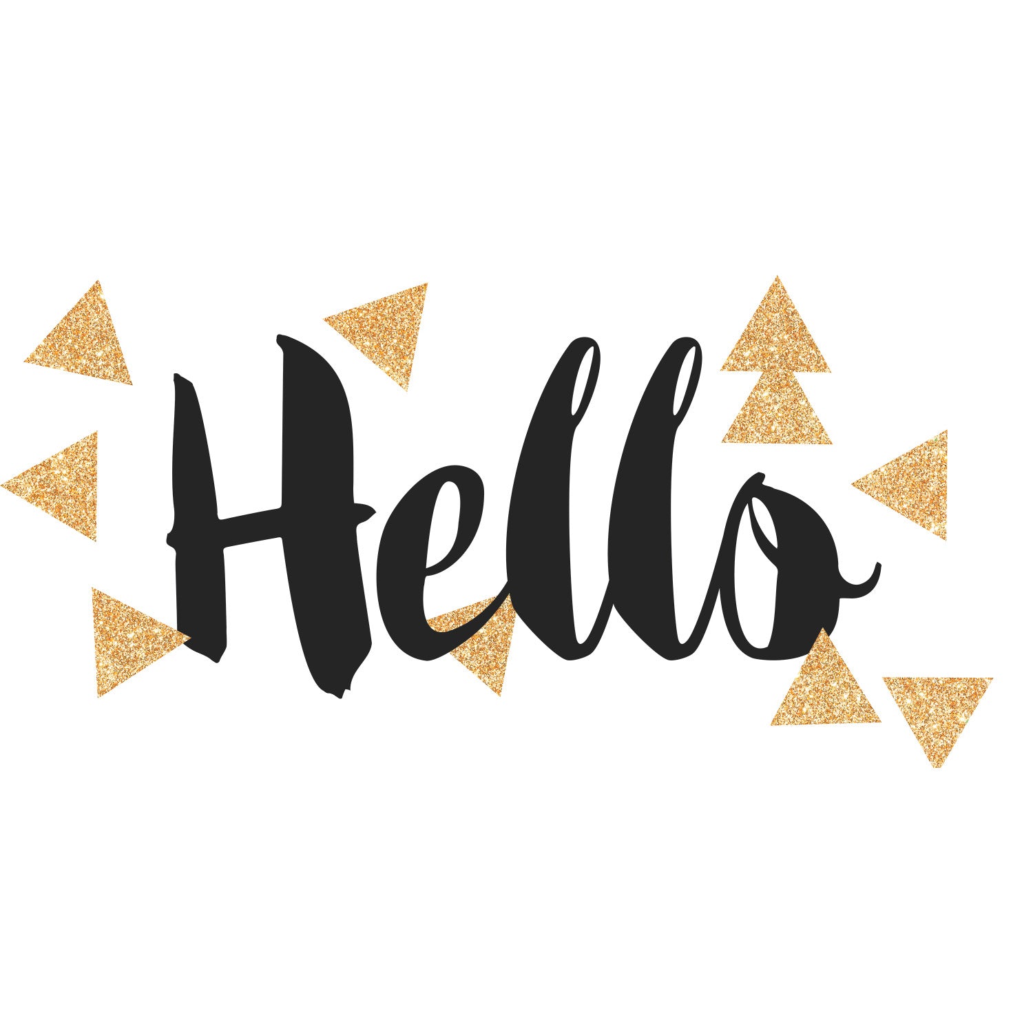 The Hello Quote with Glitter Triangles Peel and Stick Wall Quote Decals by WallPops features the word Hello in bold, black cursive text centered on a white background, surrounded by scattered golden glittery triangles pointing in various directions. This charming design is perfect for adding a touch of rustic style to your space, especially when complemented with other peel and stick wall decals or distressed barn wood accents.