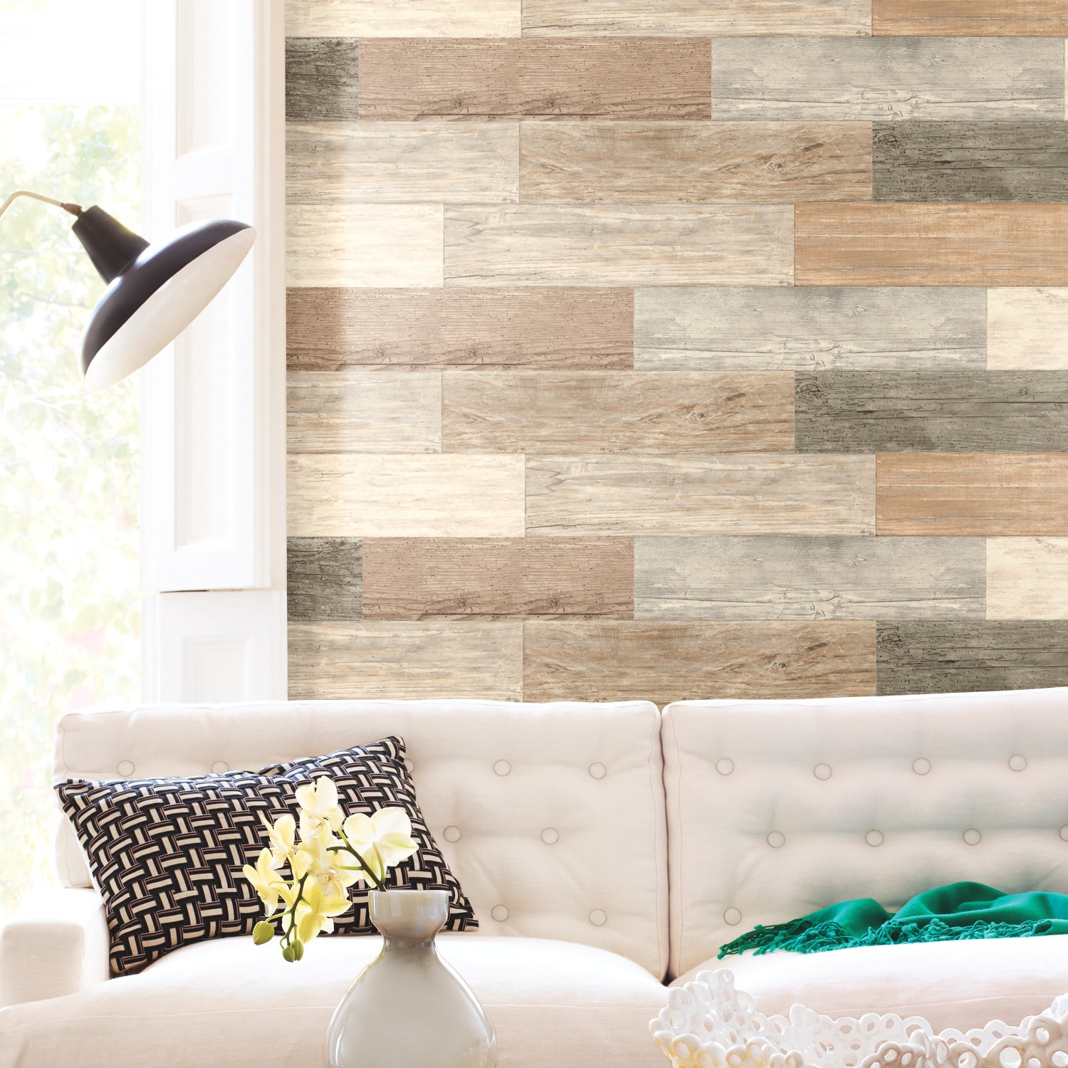 Distressed Barn Wood Plank Giant Wall Decals in a room setting