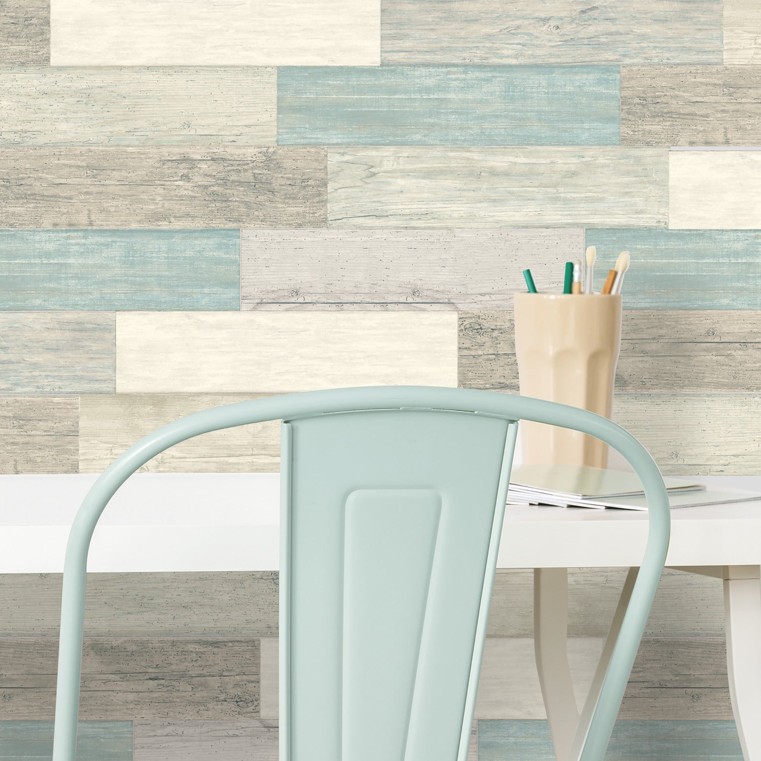 Distressed Barn Wood Plank Blue Giant Wall Decals in a room setting