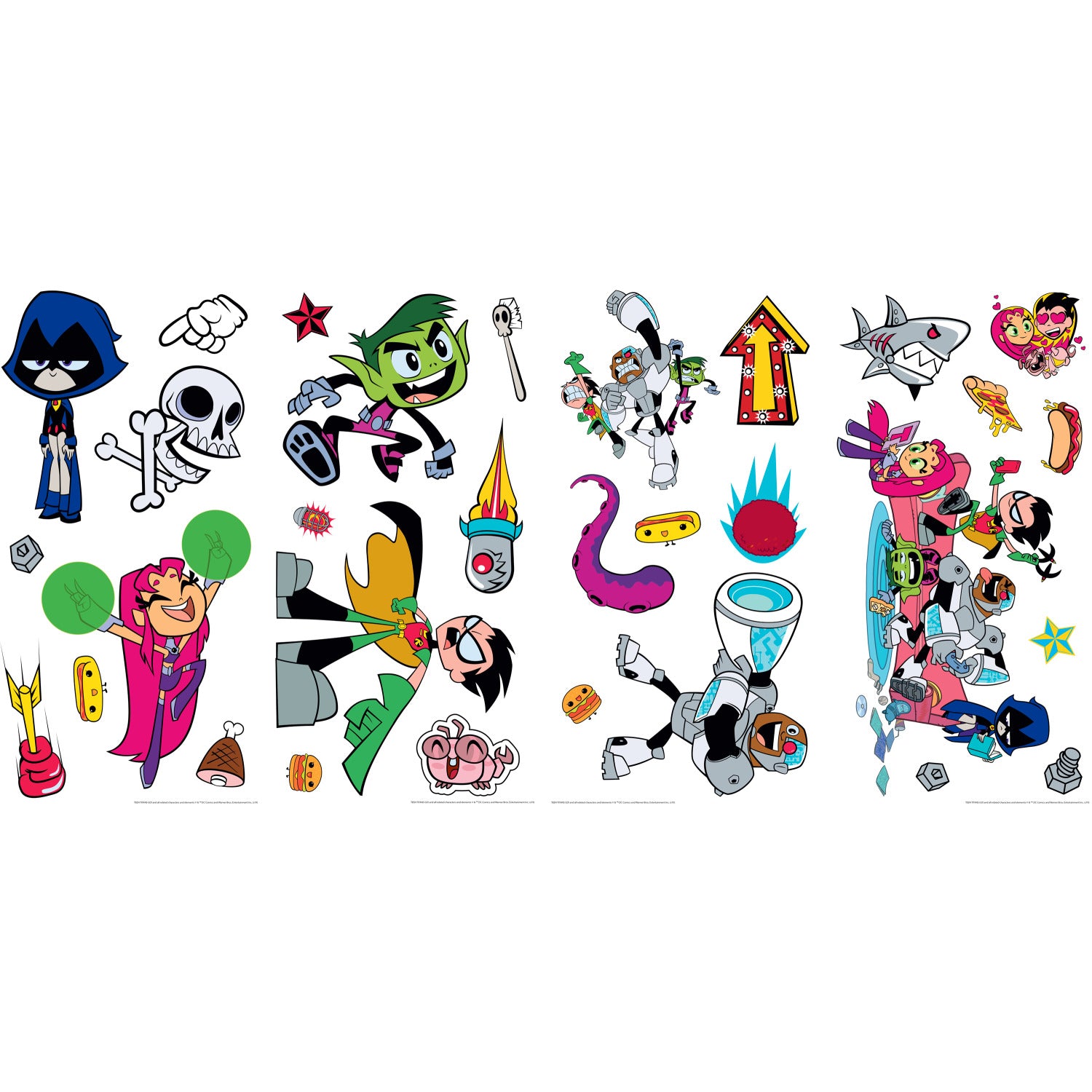 Brighten any space with WallPops Teen Titans GO! Peel and Stick Wall Decals featuring Raven, Beast Boy, Robin, Starfire, and Cyborg surrounded by cartoon objects—sharks, pizza, tentacles, boom boxes, flames, and stars—scattered on a white background.