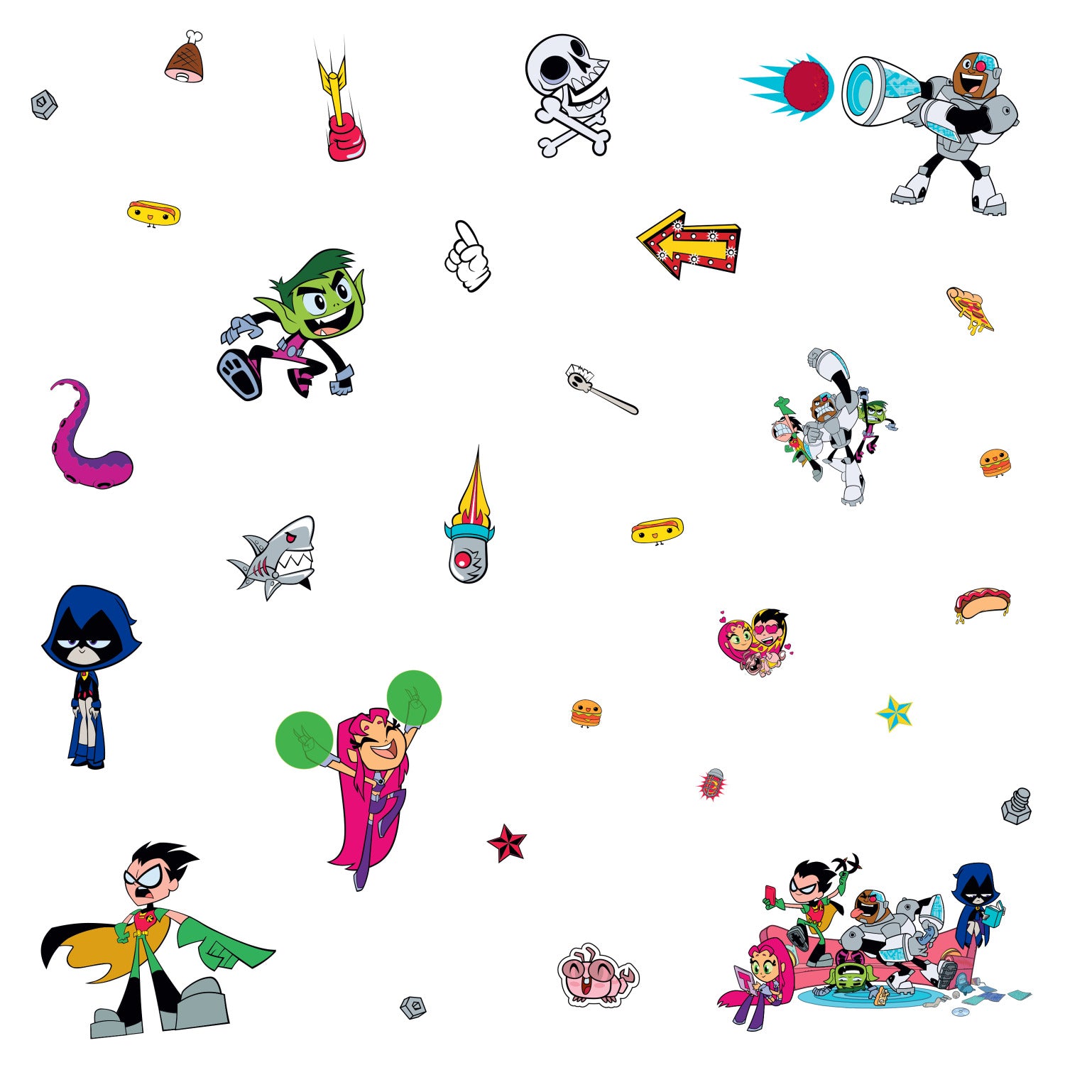 Brighten any space with WallPops Teen Titans GO! Peel and Stick Wall Decals featuring Raven, Beast Boy, Robin, Starfire, and Cyborg surrounded by cartoon objects—sharks, pizza, tentacles, boom boxes, flames, and stars—scattered on a white background.