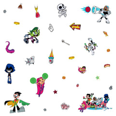 Brighten any space with WallPops Teen Titans GO! Peel and Stick Wall Decals featuring Raven, Beast Boy, Robin, Starfire, and Cyborg surrounded by cartoon objects—sharks, pizza, tentacles, boom boxes, flames, and stars—scattered on a white background.