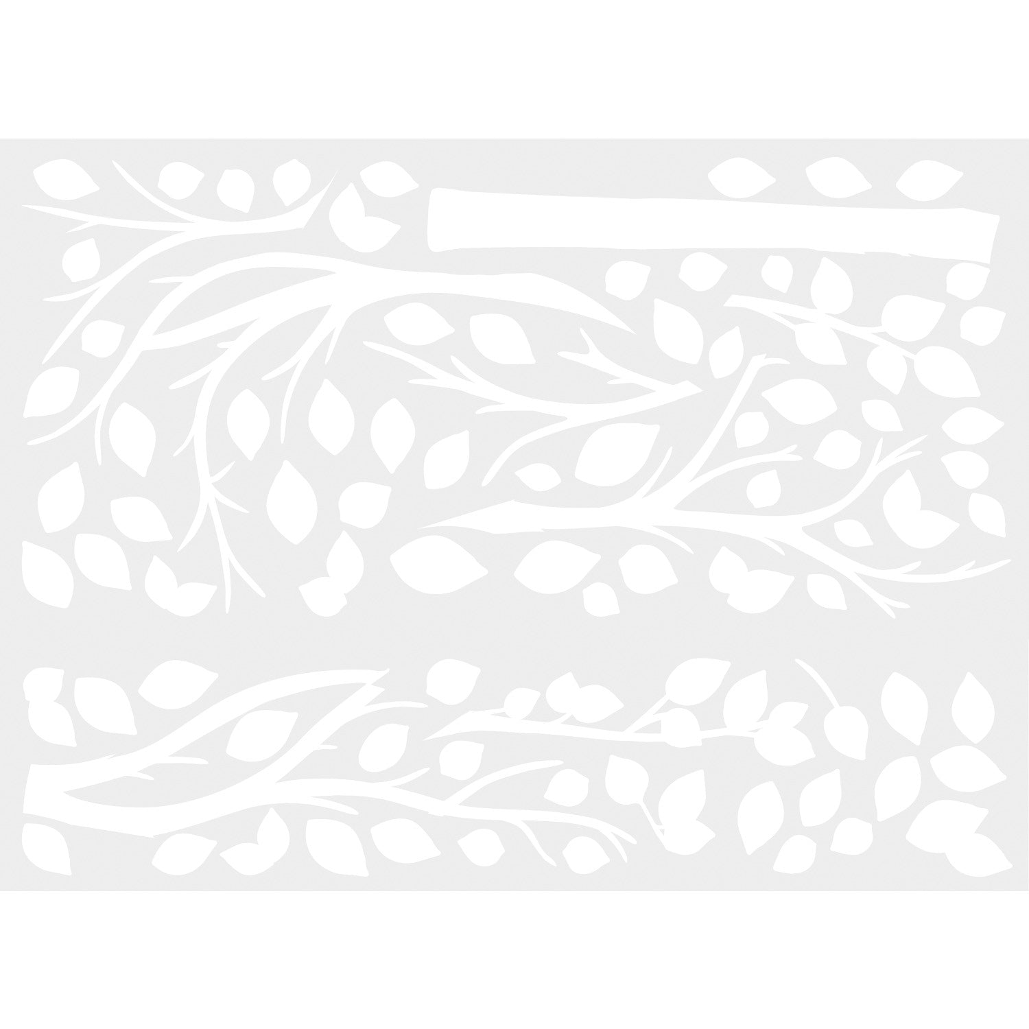 Featuring an illustration of three stylized tree branches with leaves—scattered and overlapping on a white background—Simple Tree Peel and Stick Giant Wall Decals by WallPops showcases a minimalistic design. Bold, clean white lines and shapes are used to depict the branches and leaves, resulting in an intricate, natural pattern that beautifully complements rustic décor like distressed barn wood or fits seamlessly with modern wall decal styles.
