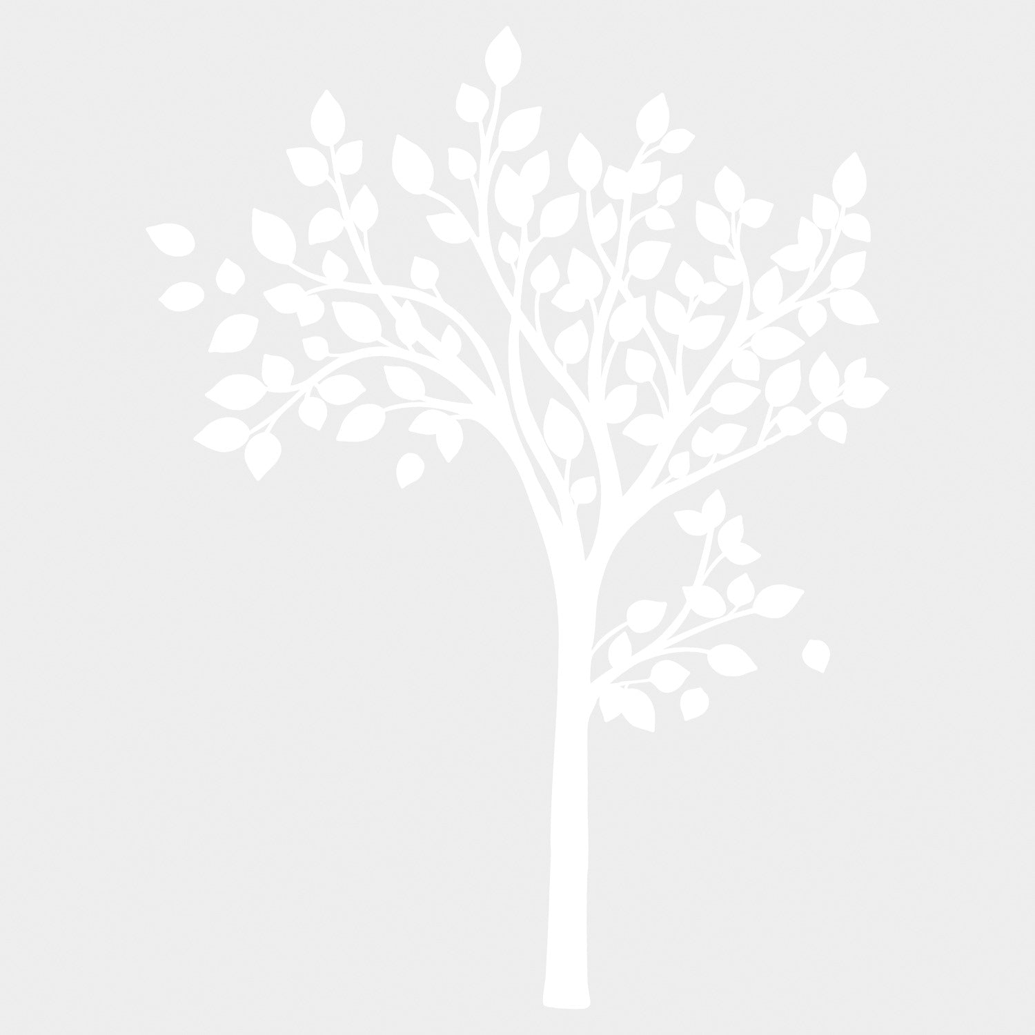 Featuring an illustration of three stylized tree branches with leaves—scattered and overlapping on a white background—Simple Tree Peel and Stick Giant Wall Decals by WallPops showcases a minimalistic design. Bold, clean white lines and shapes are used to depict the branches and leaves, resulting in an intricate, natural pattern that beautifully complements rustic décor like distressed barn wood or fits seamlessly with modern wall decal styles.