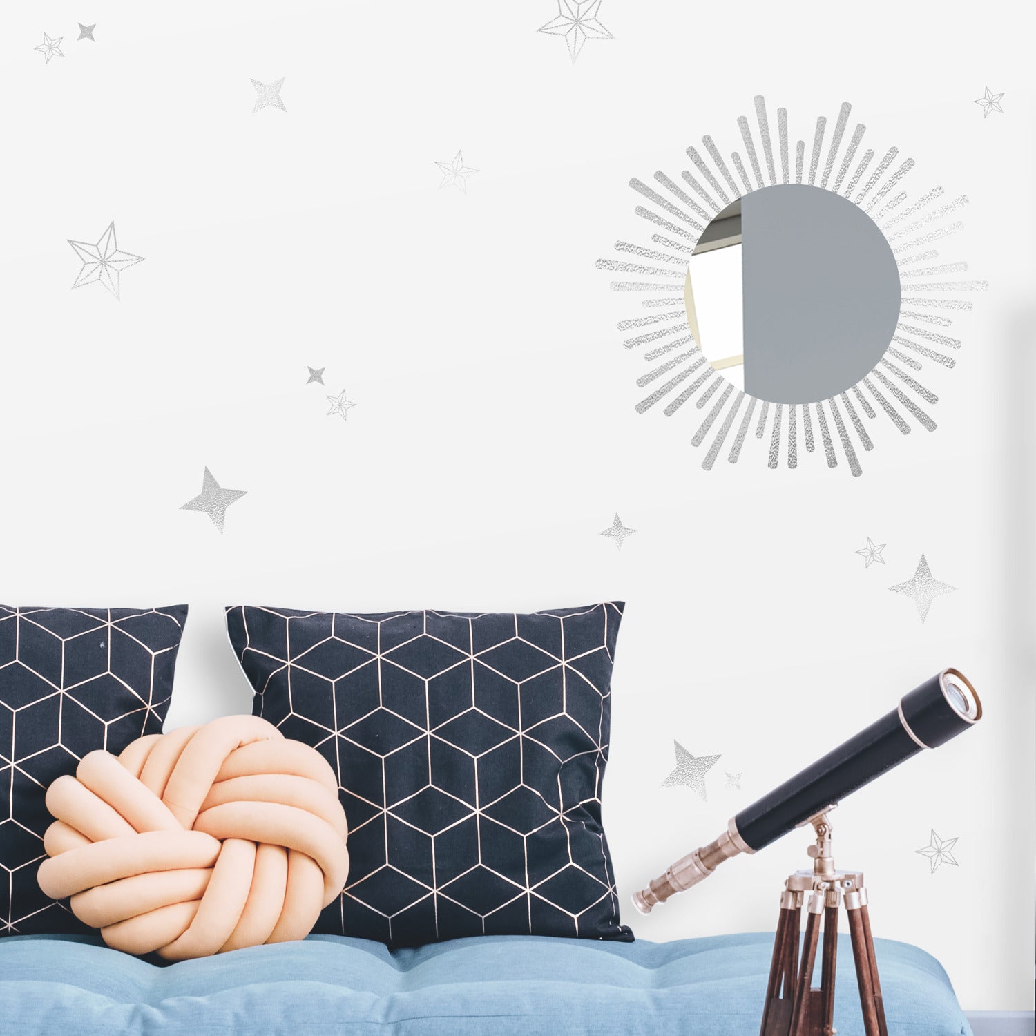 Sunburst Decals With Circle Mirror Wall Decals in a room setting