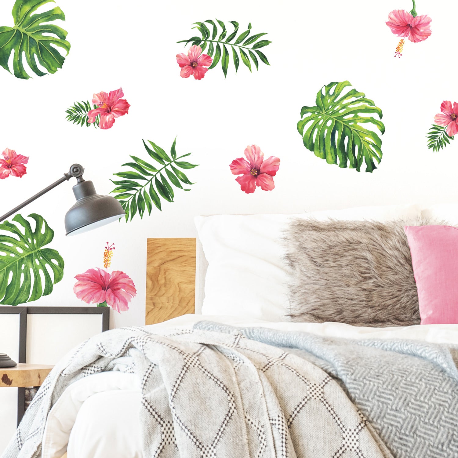 Tropical Hibiscus Flower Wall Decals in a room setting