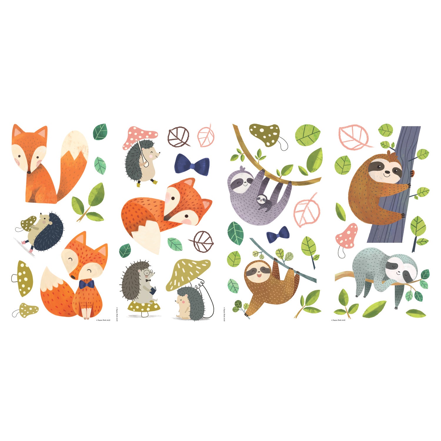 Add a delightful woodland touch to your space with the Forest Friends Wall Decals by WallPops. Featuring whimsical, stylized foxes, sloths, and hedgehogs playfully scattered among leaves, bows, and mushrooms on a crisp white background—some adorned with fun accessories or holding foliage—these cheerful peel and stick decals offer an easy way to add rustic charm and character to any room.