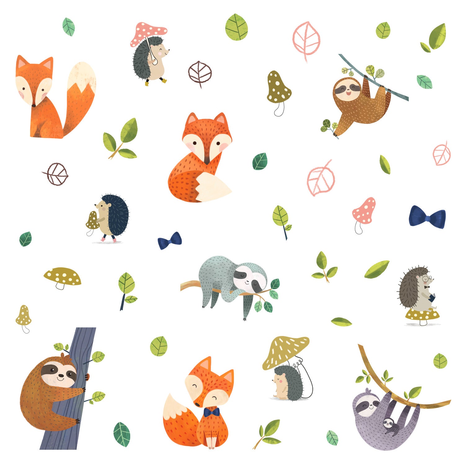 Add a delightful woodland touch to your space with the Forest Friends Wall Decals by WallPops. Featuring whimsical, stylized foxes, sloths, and hedgehogs playfully scattered among leaves, bows, and mushrooms on a crisp white background—some adorned with fun accessories or holding foliage—these cheerful peel and stick decals offer an easy way to add rustic charm and character to any room.