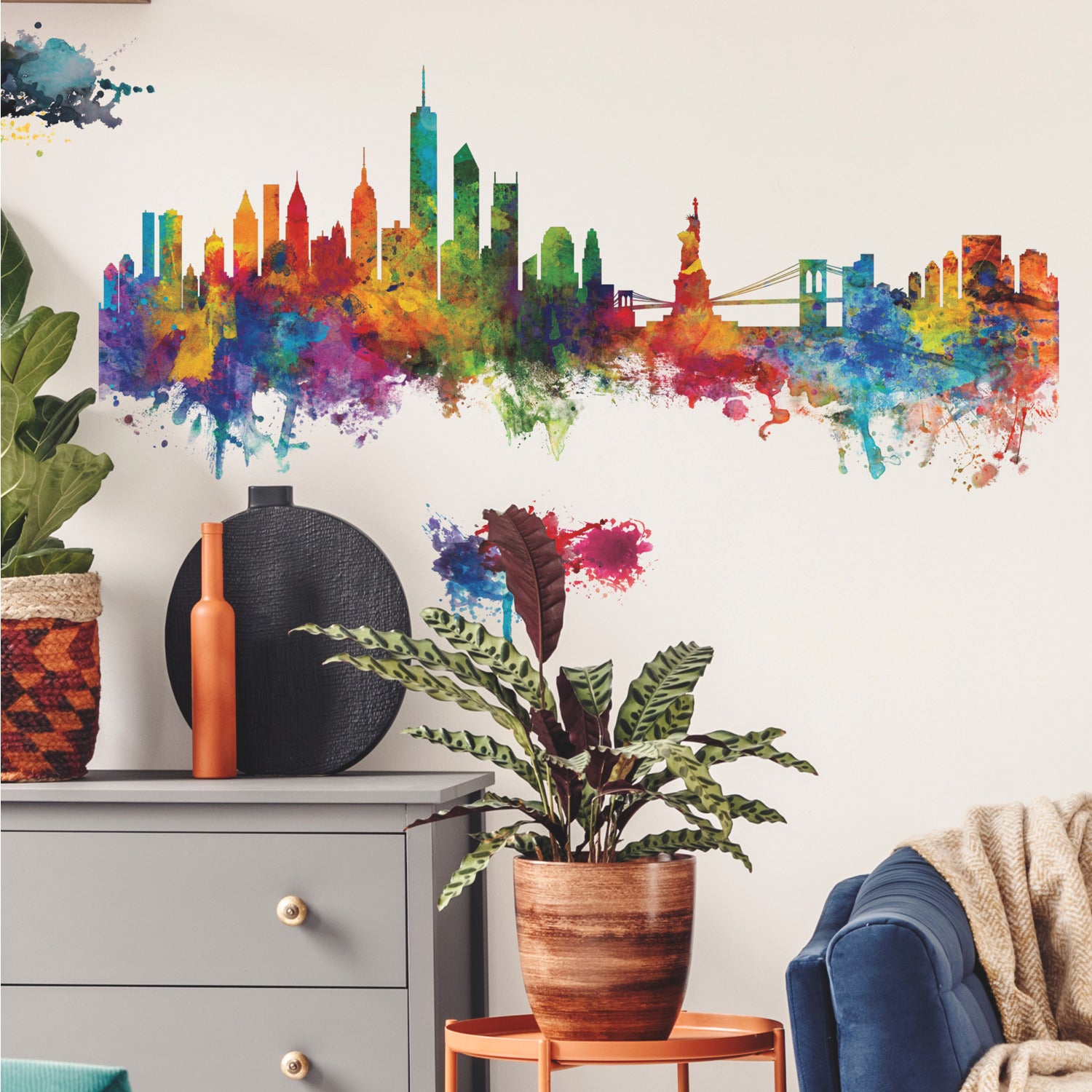 New York City Watercolor Skyline Giant Wall Decals in a room setting