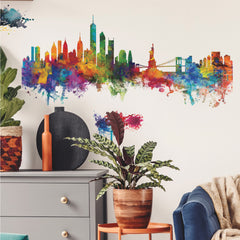 New York City Watercolor Skyline Giant Wall Decals in a room setting