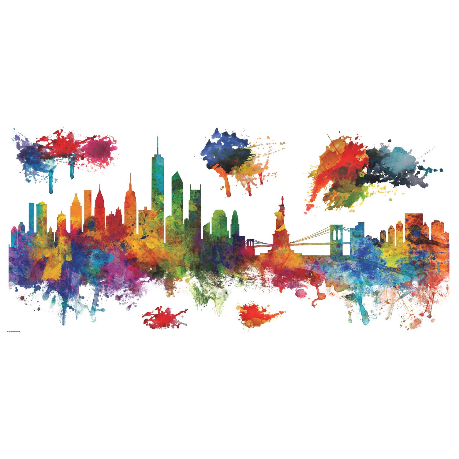 New York City Watercolor Skyline Giant Wall Decals - panels