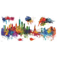 New York City Watercolor Skyline Giant Wall Decals - panels