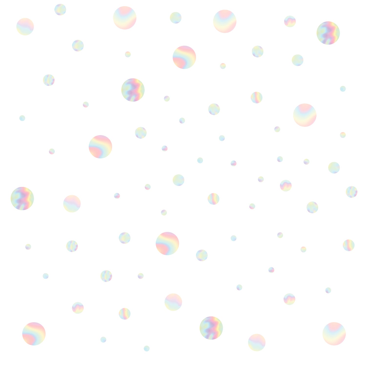 A white background dotted with an array of holographic circles in various sizes, each displaying a pastel rainbow shimmer reminiscent of soap bubbles. These spaced-apart decals feature soft gradients of pink, blue, yellow, and green, creating a light and airy pattern. The Holographic Circle Peel and Stick Wall Decals by WallPops offer a whimsical accent that complements both modern and rustic décor styles—perfect for transforming any space effortlessly.