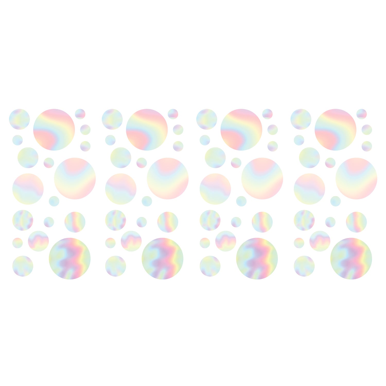 A white background dotted with an array of holographic circles in various sizes, each displaying a pastel rainbow shimmer reminiscent of soap bubbles. These spaced-apart decals feature soft gradients of pink, blue, yellow, and green, creating a light and airy pattern. The Holographic Circle Peel and Stick Wall Decals by WallPops offer a whimsical accent that complements both modern and rustic décor styles—perfect for transforming any space effortlessly.