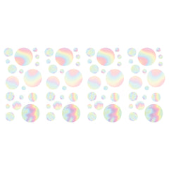 A white background dotted with an array of holographic circles in various sizes, each displaying a pastel rainbow shimmer reminiscent of soap bubbles. These spaced-apart decals feature soft gradients of pink, blue, yellow, and green, creating a light and airy pattern. The Holographic Circle Peel and Stick Wall Decals by WallPops offer a whimsical accent that complements both modern and rustic décor styles—perfect for transforming any space effortlessly.