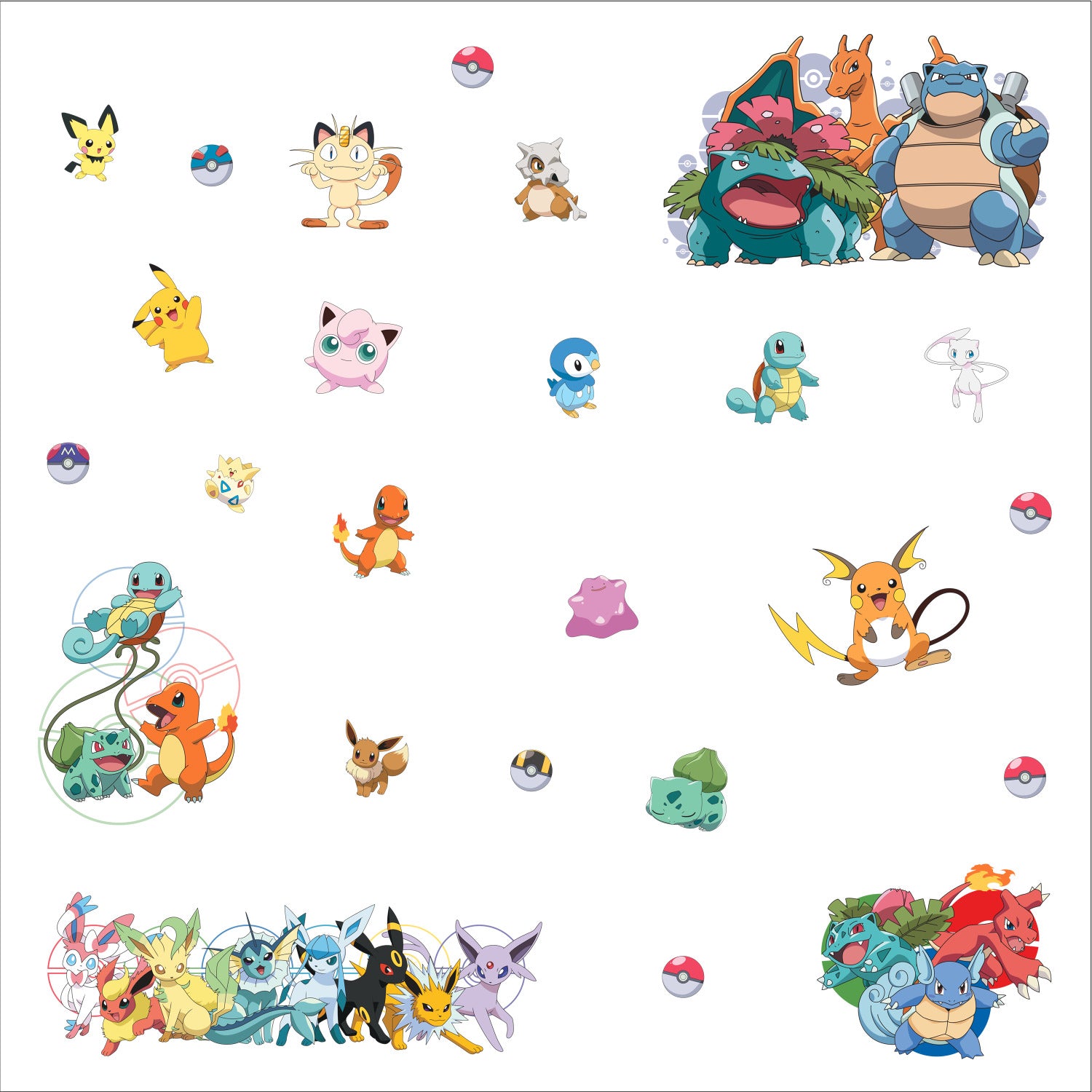 Bring your love for Pokémon to life with WallPops Pokémon Favorite Character Wall Decals! Pikachu, Bulbasaur, Charmander, Meowth, Eevee, and other colorful Pokémon are playfully arranged across a crisp white background with Poké Balls and clusters of evolved forms decorating the corners. Rustic barn wood-inspired details add a unique touch to this vibrant wall display—a perfect peel-and-stick solution for any fan’s space.