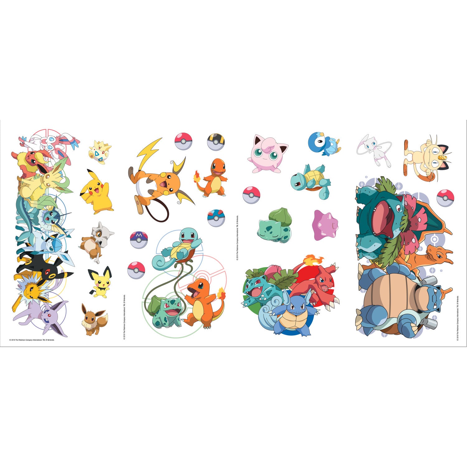 Bring your love for Pokémon to life with WallPops Pokémon Favorite Character Wall Decals! Pikachu, Bulbasaur, Charmander, Meowth, Eevee, and other colorful Pokémon are playfully arranged across a crisp white background with Poké Balls and clusters of evolved forms decorating the corners. Rustic barn wood-inspired details add a unique touch to this vibrant wall display—a perfect peel-and-stick solution for any fan’s space.
