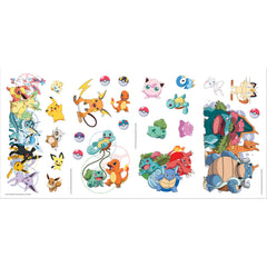 Bring your love for Pokémon to life with WallPops Pokémon Favorite Character Wall Decals! Pikachu, Bulbasaur, Charmander, Meowth, Eevee, and other colorful Pokémon are playfully arranged across a crisp white background with Poké Balls and clusters of evolved forms decorating the corners. Rustic barn wood-inspired details add a unique touch to this vibrant wall display—a perfect peel-and-stick solution for any fan’s space.