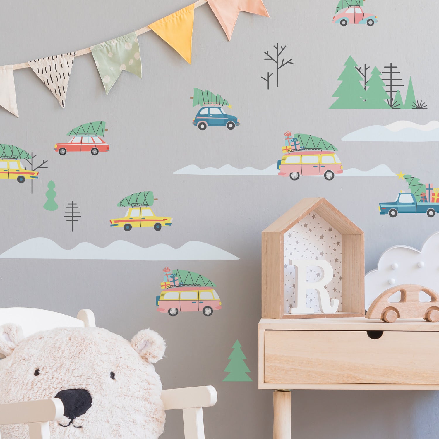 Retro Christmas Cars Wall Decals in a room setting