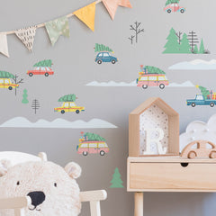 Retro Christmas Cars Wall Decals in a room setting