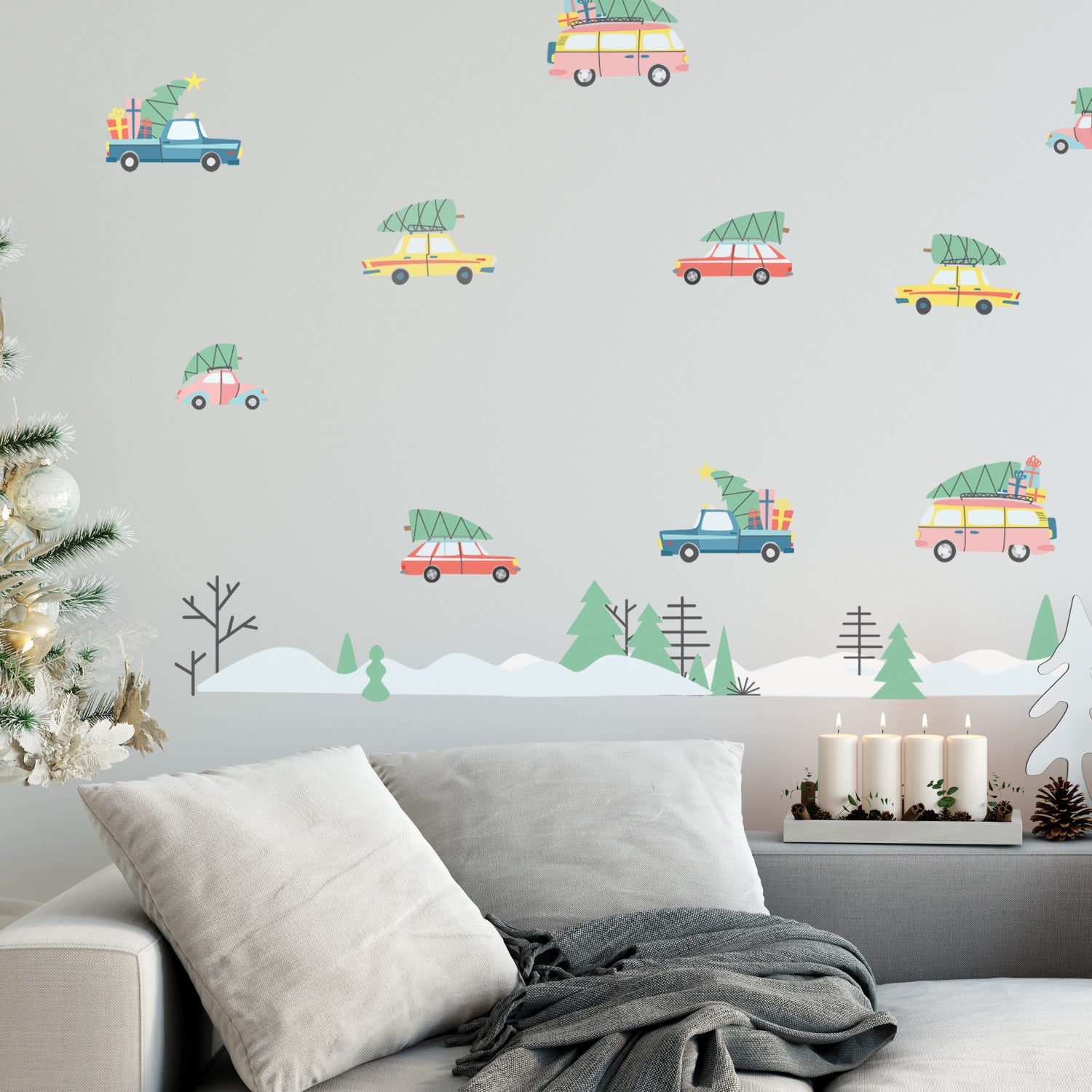 Retro Christmas Cars Wall Decals in a room setting