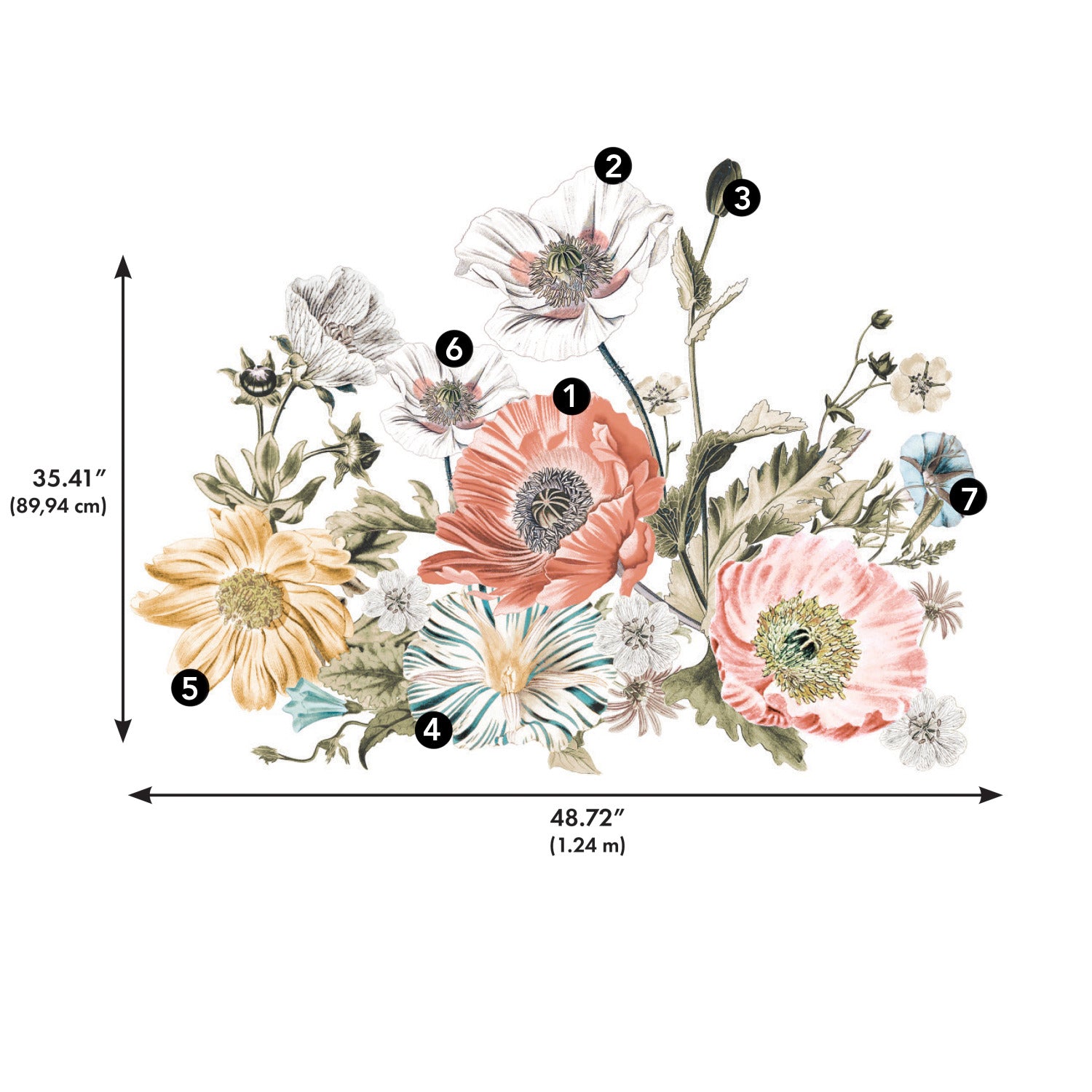 Vintage Poppy Floral Wall Decals - dimensions