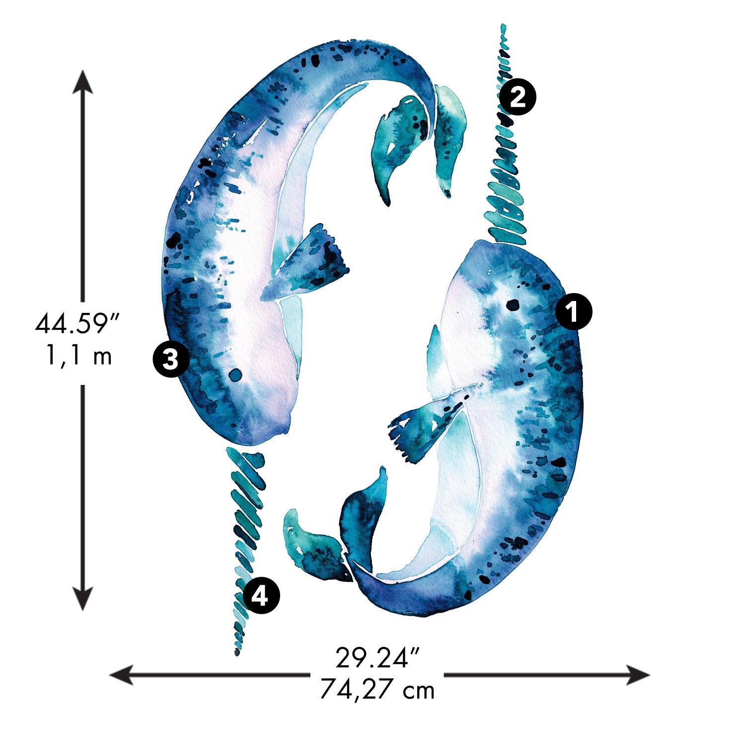 Bring an artistic touch to your space with the Cat Coquillette Narwhal Giant Peel and Stick Wall Decals by WallPops. This charming set features two watercolor narwhals with blue speckles and long spiral tusks facing each other. Dimension arrows highlight their size—standing 44.59 inches 1.1 m tall and 29.24 inches 74.27 cm wide—while four key points are marked with numbered black circles for easy placement. Their gentle hues make these giant decals a delightful, hassle-free accent to any room.