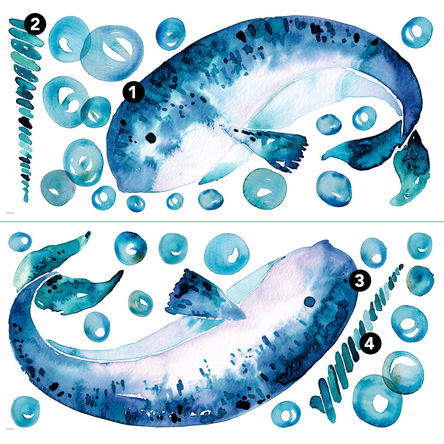 Bring an artistic touch to your space with the Cat Coquillette Narwhal Giant Peel and Stick Wall Decals by WallPops. This charming set features two watercolor narwhals with blue speckles and long spiral tusks facing each other. Dimension arrows highlight their size—standing 44.59 inches 1.1 m tall and 29.24 inches 74.27 cm wide—while four key points are marked with numbered black circles for easy placement. Their gentle hues make these giant decals a delightful, hassle-free accent to any room.