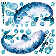 Bring an artistic touch to your space with the Cat Coquillette Narwhal Giant Peel and Stick Wall Decals by WallPops. This charming set features two watercolor narwhals with blue speckles and long spiral tusks facing each other. Dimension arrows highlight their size—standing 44.59 inches 1.1 m tall and 29.24 inches 74.27 cm wide—while four key points are marked with numbered black circles for easy placement. Their gentle hues make these giant decals a delightful, hassle-free accent to any room.
