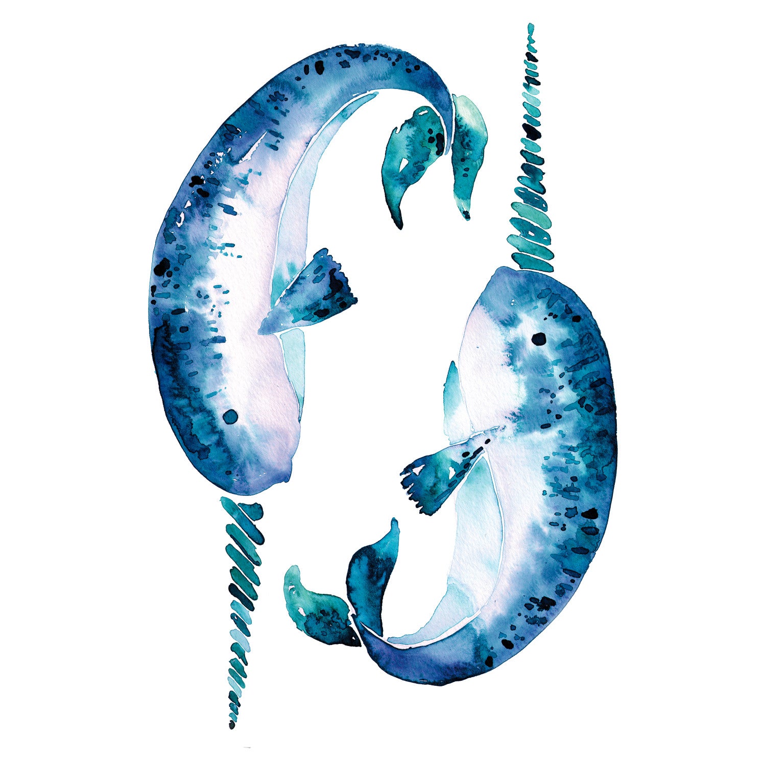 Bring an artistic touch to your space with the Cat Coquillette Narwhal Giant Peel and Stick Wall Decals by WallPops. This charming set features two watercolor narwhals with blue speckles and long spiral tusks facing each other. Dimension arrows highlight their size—standing 44.59 inches 1.1 m tall and 29.24 inches 74.27 cm wide—while four key points are marked with numbered black circles for easy placement. Their gentle hues make these giant decals a delightful, hassle-free accent to any room.