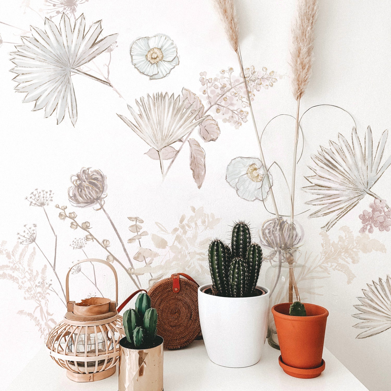 Desert Sun Palm Leaf & Floral Giant Wall Decals in a room setting
