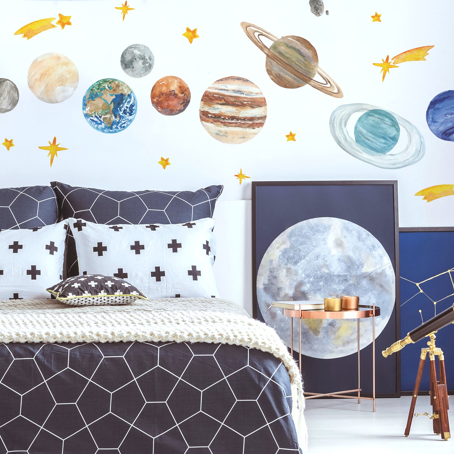 Watercolor Planets Giant Wall Decals in a room setting