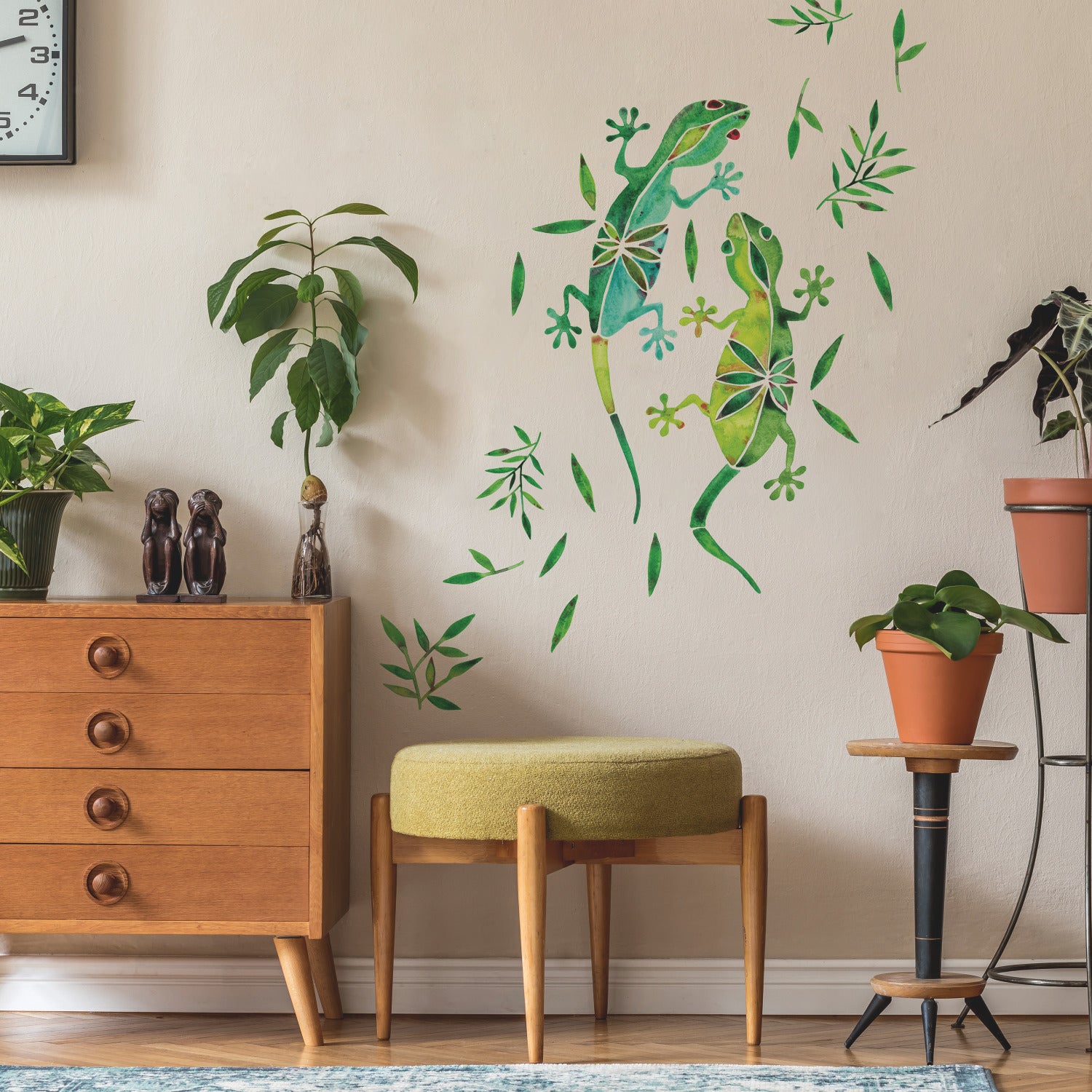 Catcoq Watercolor Geckos Giant Wall Decals in a room setting