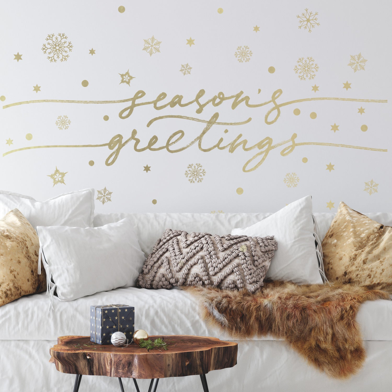 Season's Greetings With Metallic Ink Wall Decals in a room setting