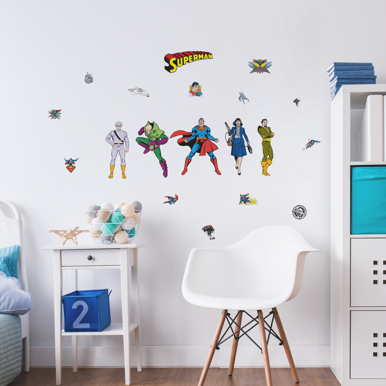 Classic Superman Characters Wall Decals in a room setting
