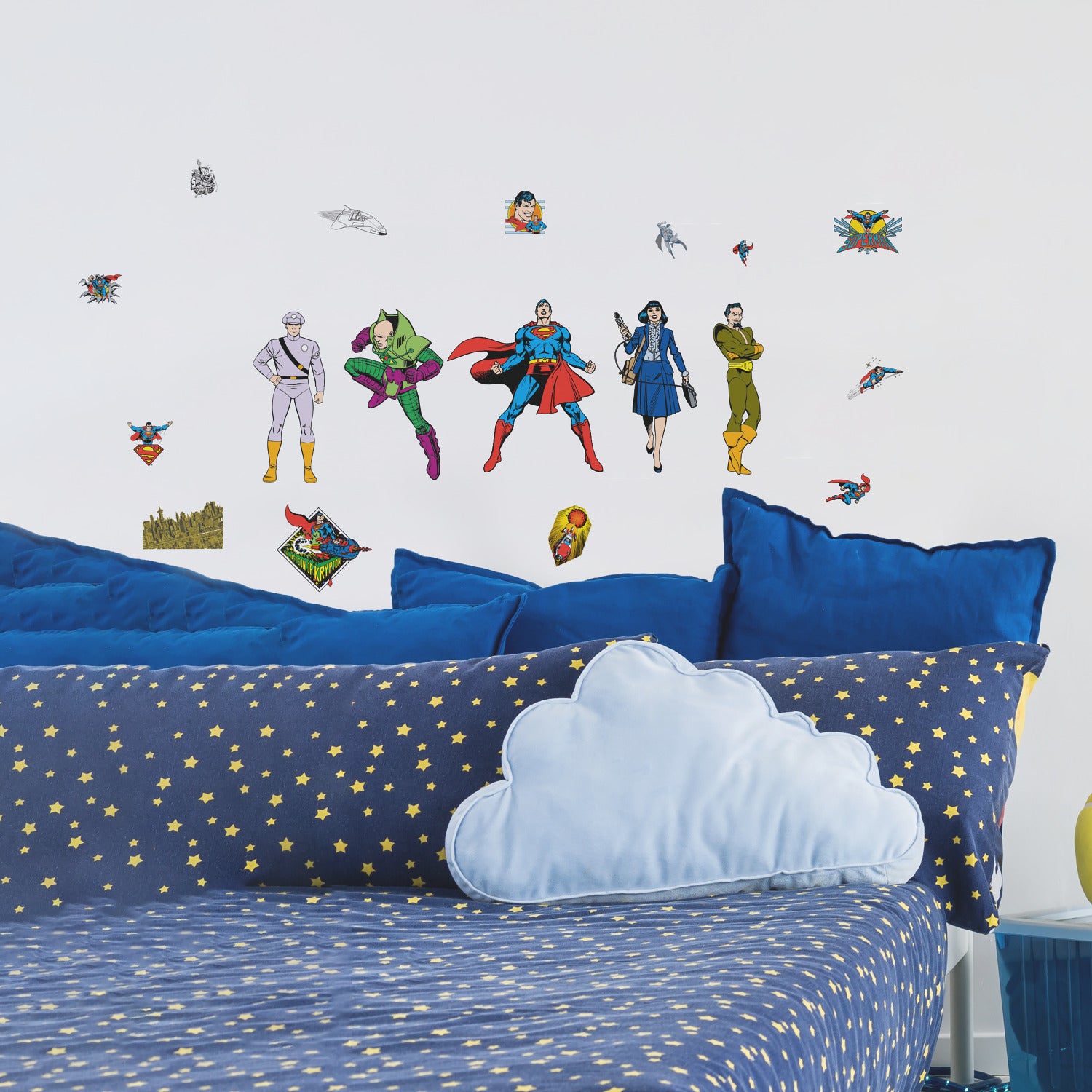 Classic Superman Characters Wall Decals in a room setting