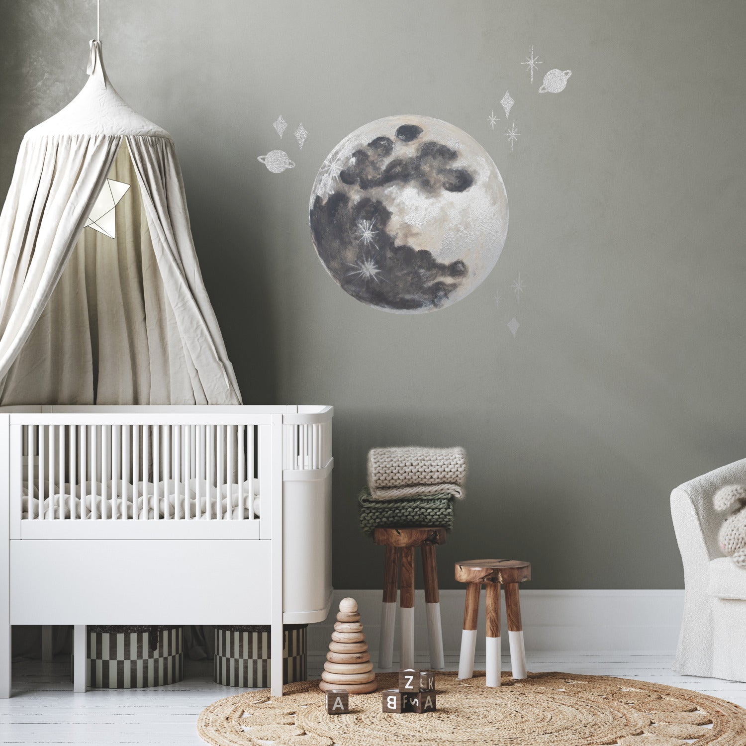 Moon With Metallic Silver Ink Wall Decals in a room setting