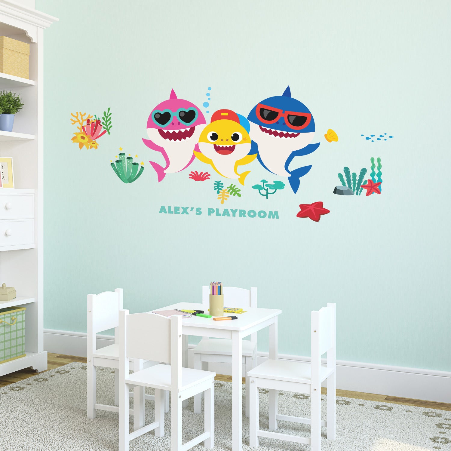 Baby Shark Giant Wall Decals With Alphabet in a room setting