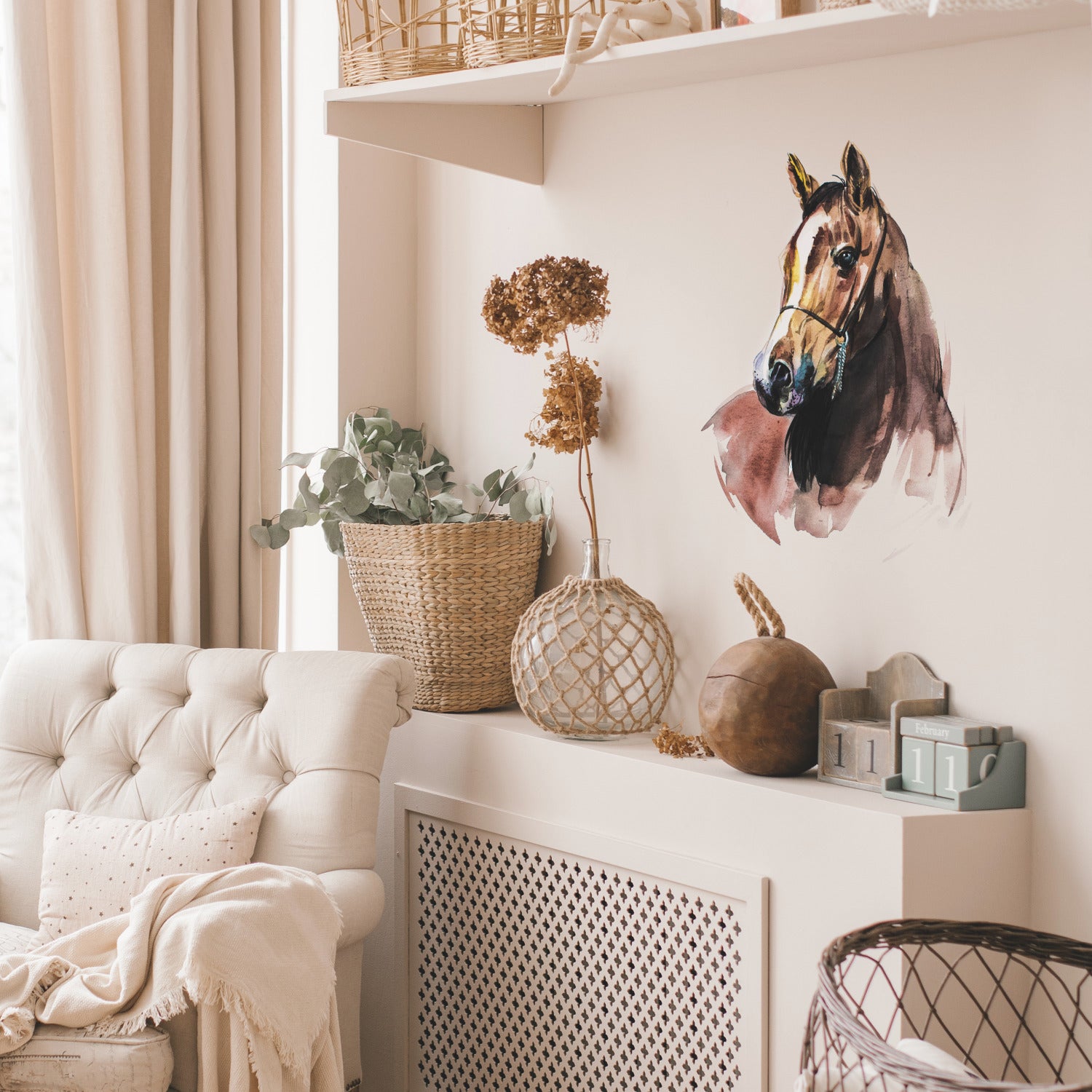 Watercolor Wild Horses Giant Wall Decals in a room setting