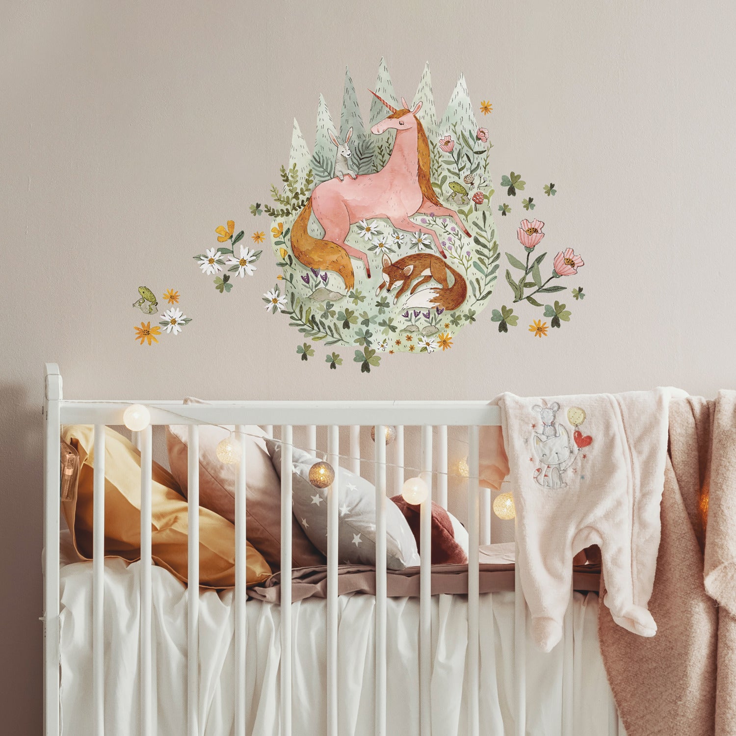 Woodland Magic Unicorn & Fox Giant Wall Decals in a room setting