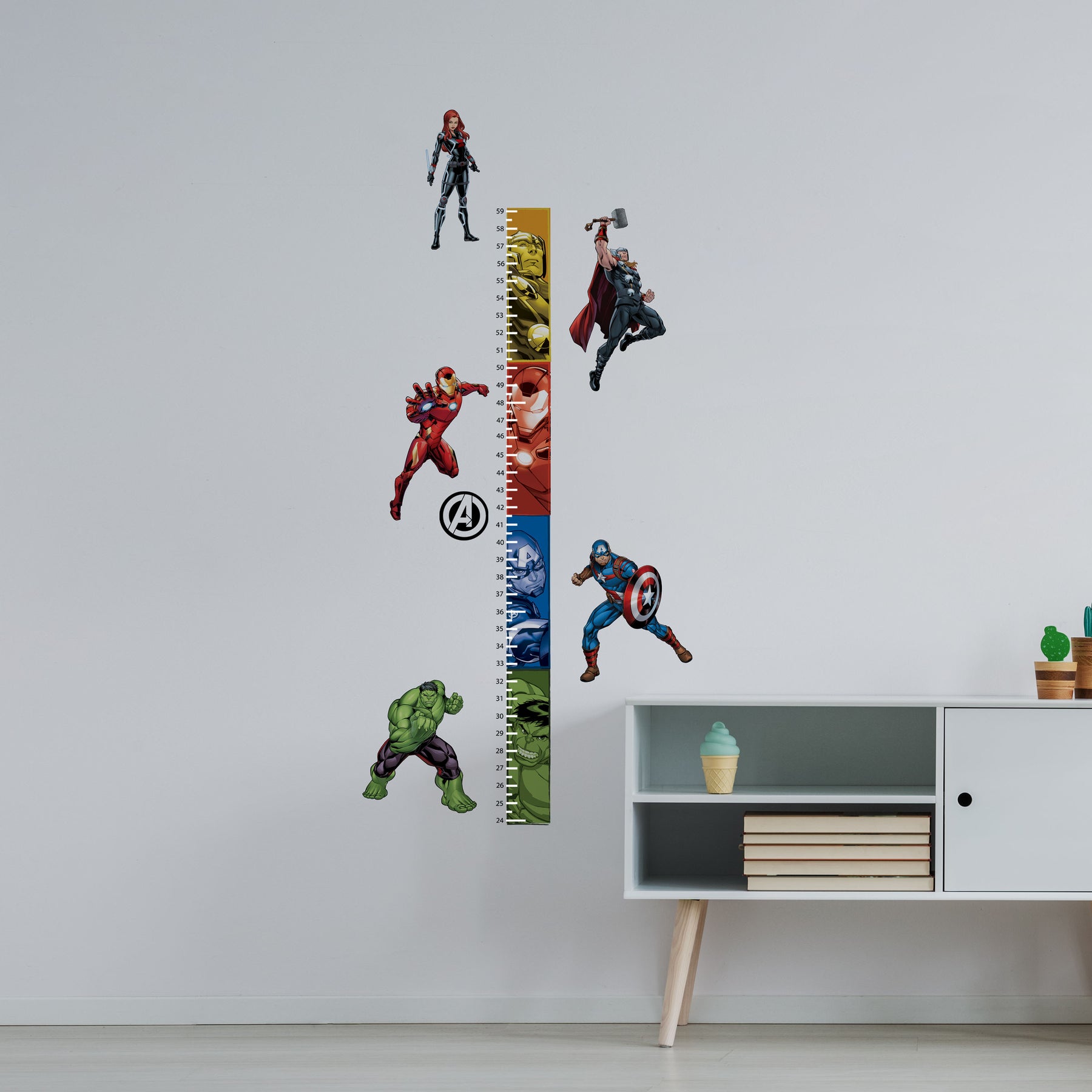 Avengers Growth Chart Wall Decals in a room setting