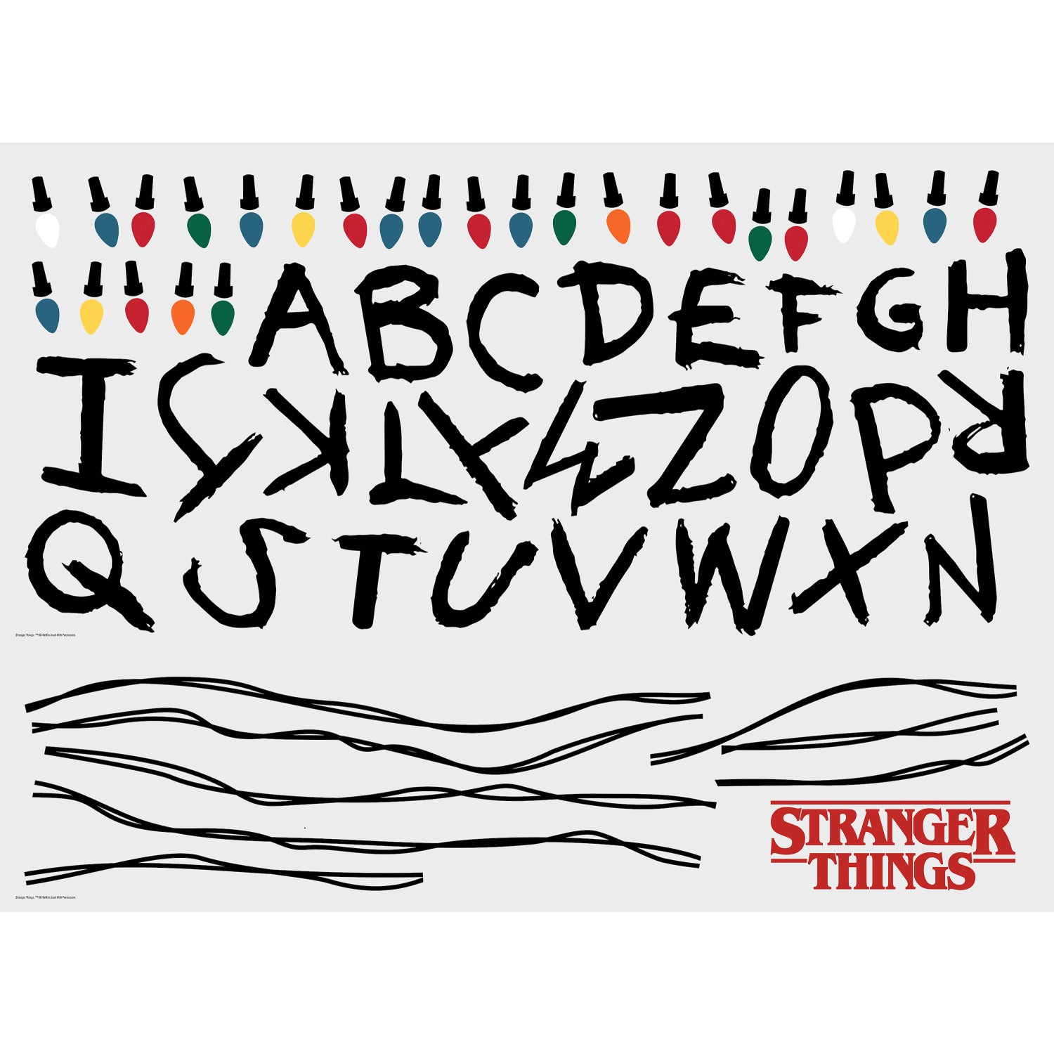 The WallPops Netflix Stranger Things Christmas Lights Peel And Stick Giant Wall Decals With Alphabet features a hand-drawn alphabet arranged in three rows, each row displayed beneath a line of colorful Christmas lights and accented with circled numbers 1–8 along the lines. This rustic design, measuring 27.43 69.6 cm tall by 46.04 1.16 m wide, boasts a light gray background reminiscent of distressed barn wood for added character.